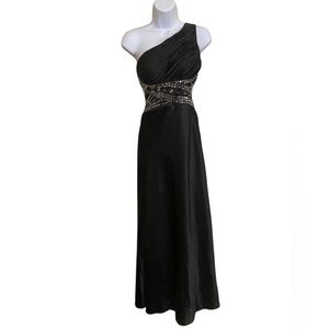 VTG Y2K Dress Greek Goddess One Shoulder Black Satin Pleated Bust Empire Waist